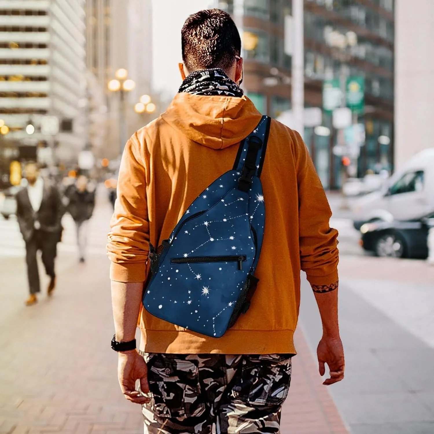 Men's Large Capacity Sports Sling Bag, Durable Constellation Galaxy Starry Night Stars Glow In The Dark Midnight Crossbody Backpack Shoulder Bags Chest Pack with Breathable Shoulder Strap