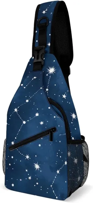 Men's Large Capacity Sports Sling Bag, Durable Constellation Galaxy Starry Night Stars Glow In The Dark Midnight Crossbody Backpack Shoulder Bags Chest Pack with Breathable Shoulder Strap