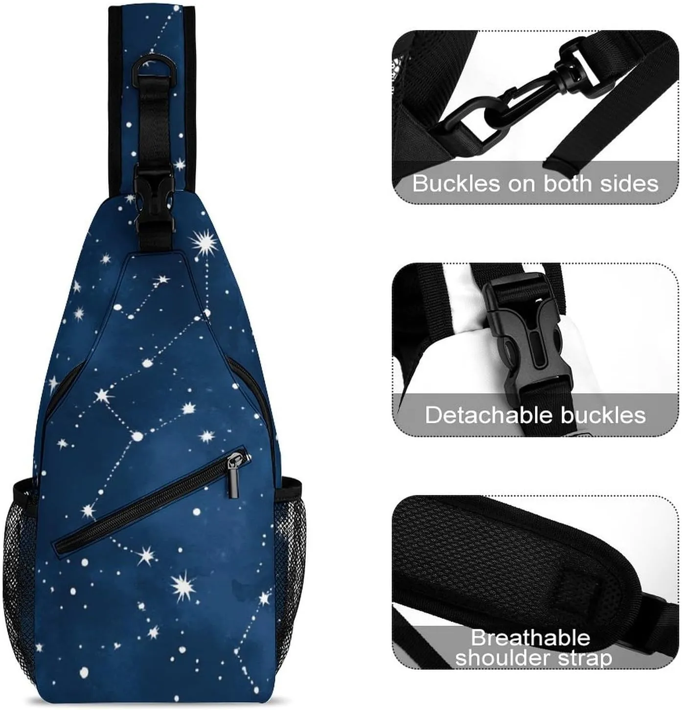Men's Large Capacity Sports Sling Bag, Durable Constellation Galaxy Starry Night Stars Glow In The Dark Midnight Crossbody Backpack Shoulder Bags Chest Pack with Breathable Shoulder Strap