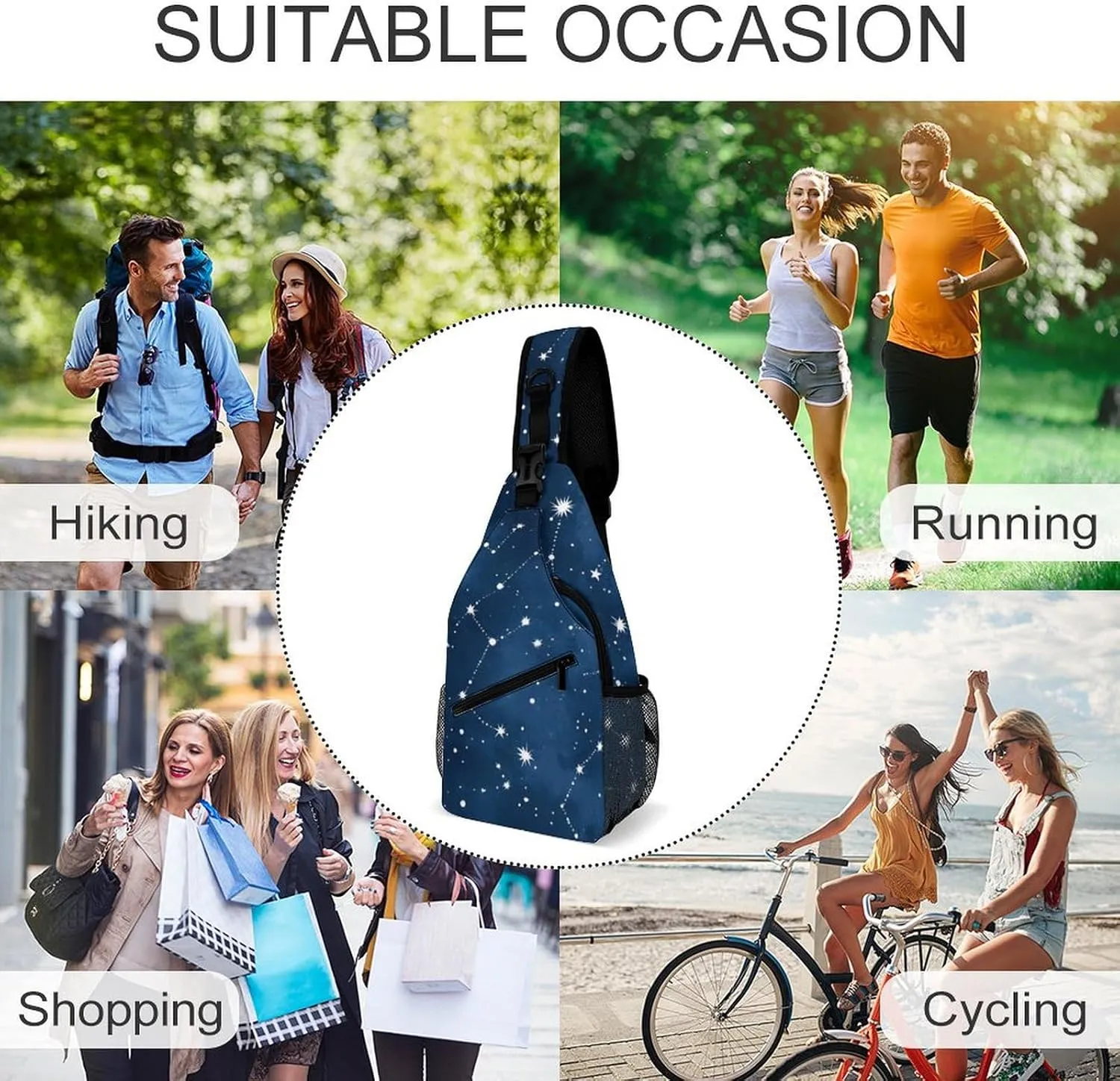 Men's Large Capacity Sports Sling Bag, Durable Constellation Galaxy Starry Night Stars Glow In The Dark Midnight Crossbody Backpack Shoulder Bags Chest Pack with Breathable Shoulder Strap