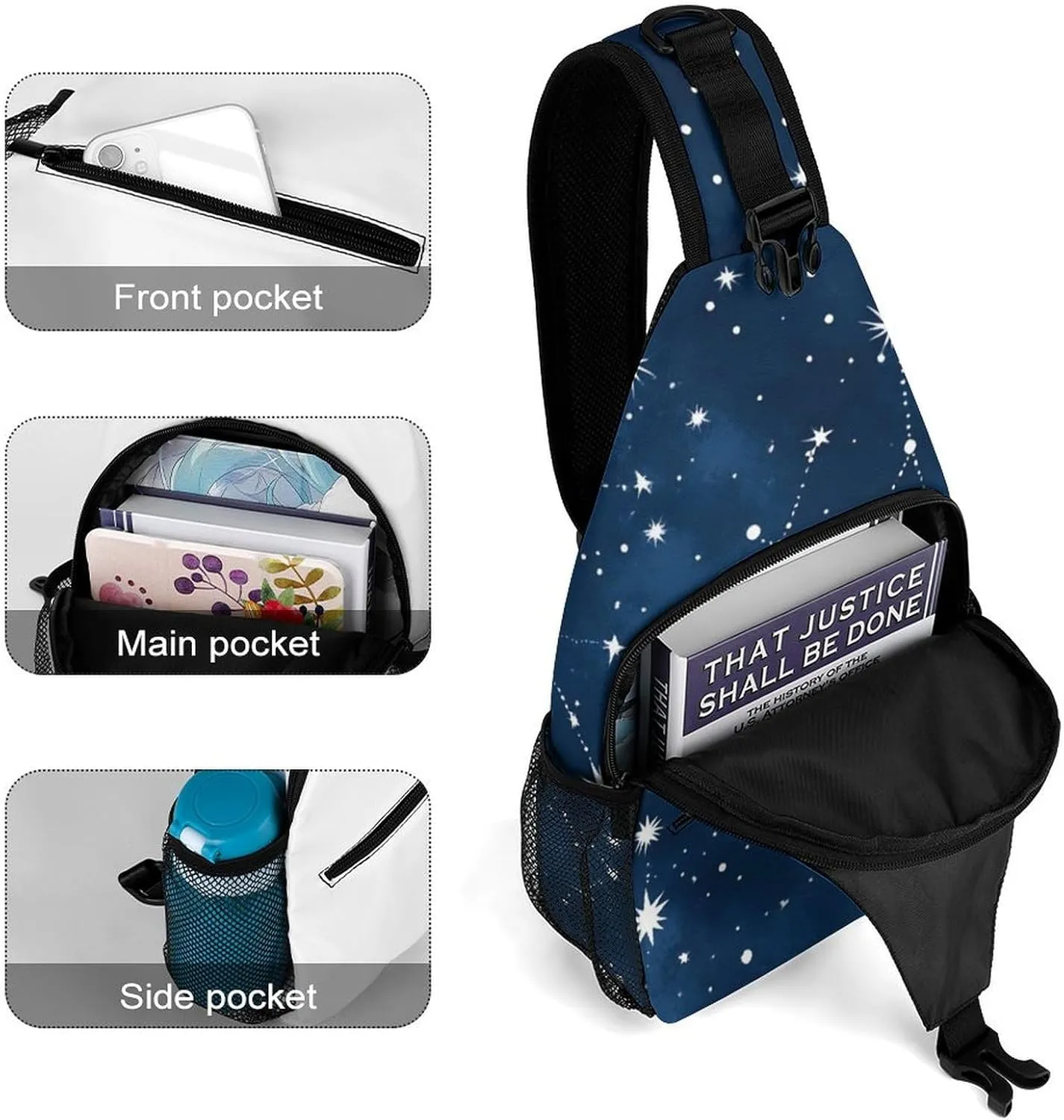 Men's Large Capacity Sports Sling Bag, Durable Constellation Galaxy Starry Night Stars Glow In The Dark Midnight Crossbody Backpack Shoulder Bags Chest Pack with Breathable Shoulder Strap
