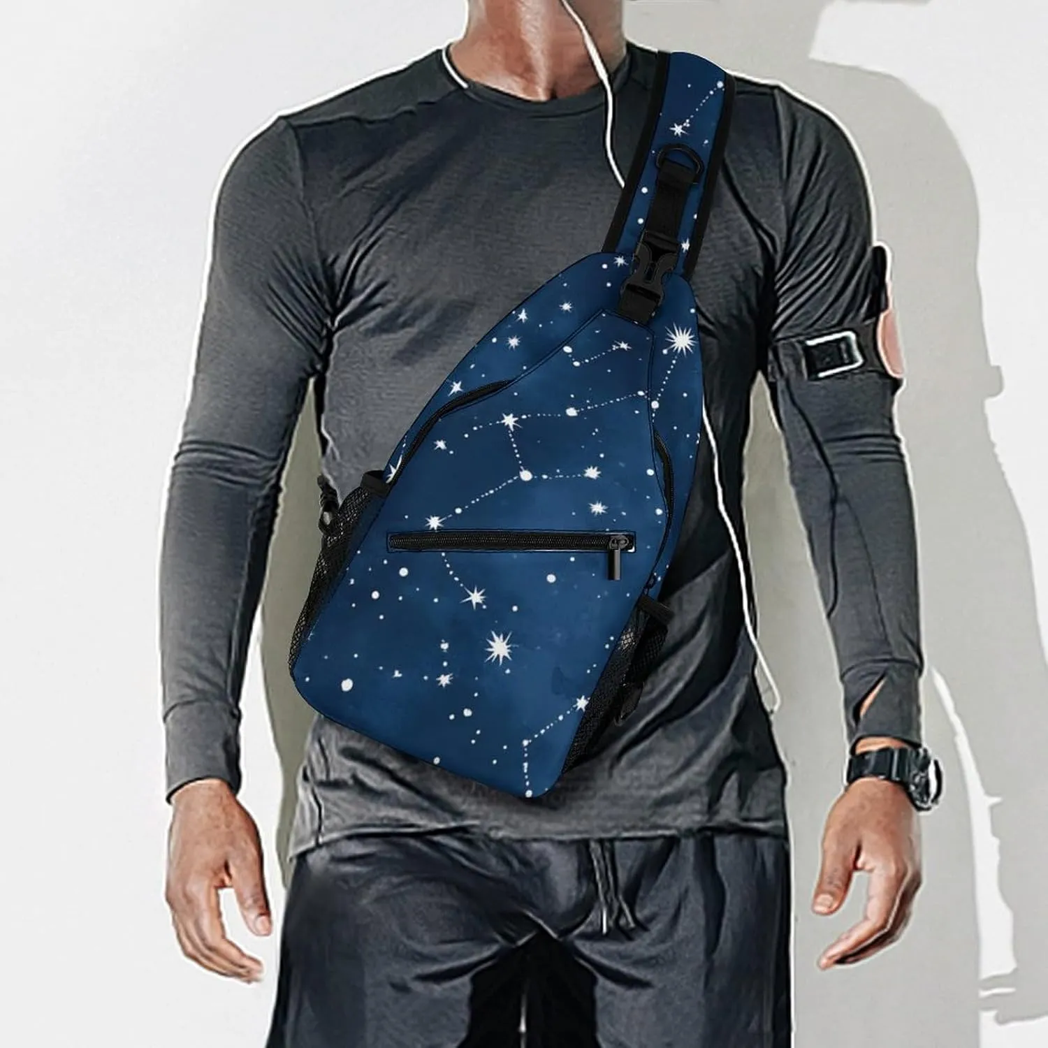 Men's Large Capacity Sports Sling Bag, Durable Constellation Galaxy Starry Night Stars Glow In The Dark Midnight Crossbody Backpack Shoulder Bags Chest Pack with Breathable Shoulder Strap