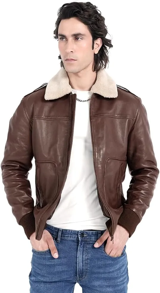Mens leather jacket Genuine Lambskin Bomber Jacket men Brown with Removable Sherpa Collar– Premium Leather jacket men