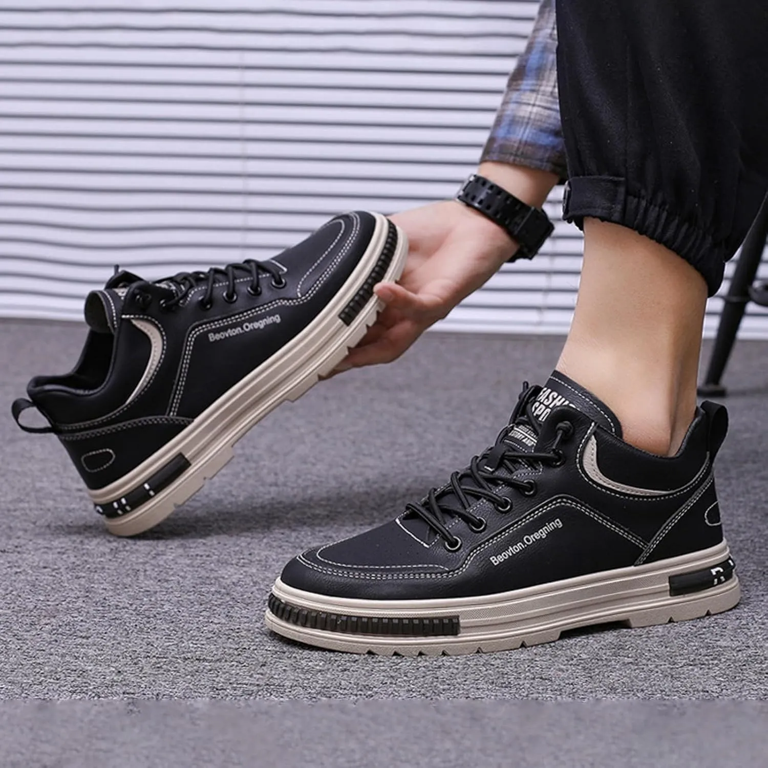 Men's Solid Color Casual Flat Leather Shoes Fashion Lace Up Loafers Sneaker Boots for Men High Top, 7.5