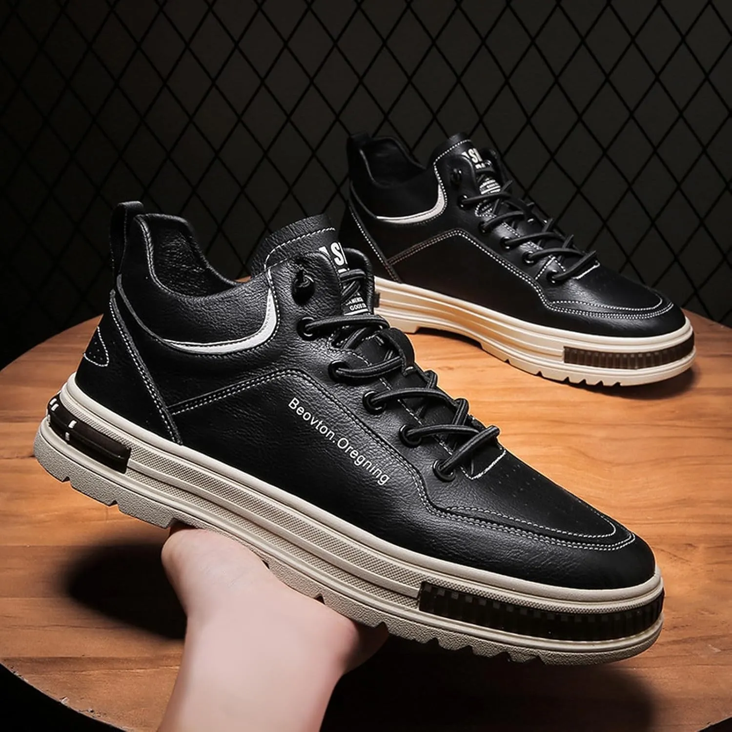 Men's Solid Color Casual Flat Leather Shoes Fashion Lace Up Loafers Sneaker Boots for Men High Top, 7.5