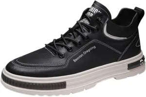 Men's Solid Color Casual Flat Leather Shoes Fashion Lace Up Loafers Sneaker Boots for Men High Top, 7.5
