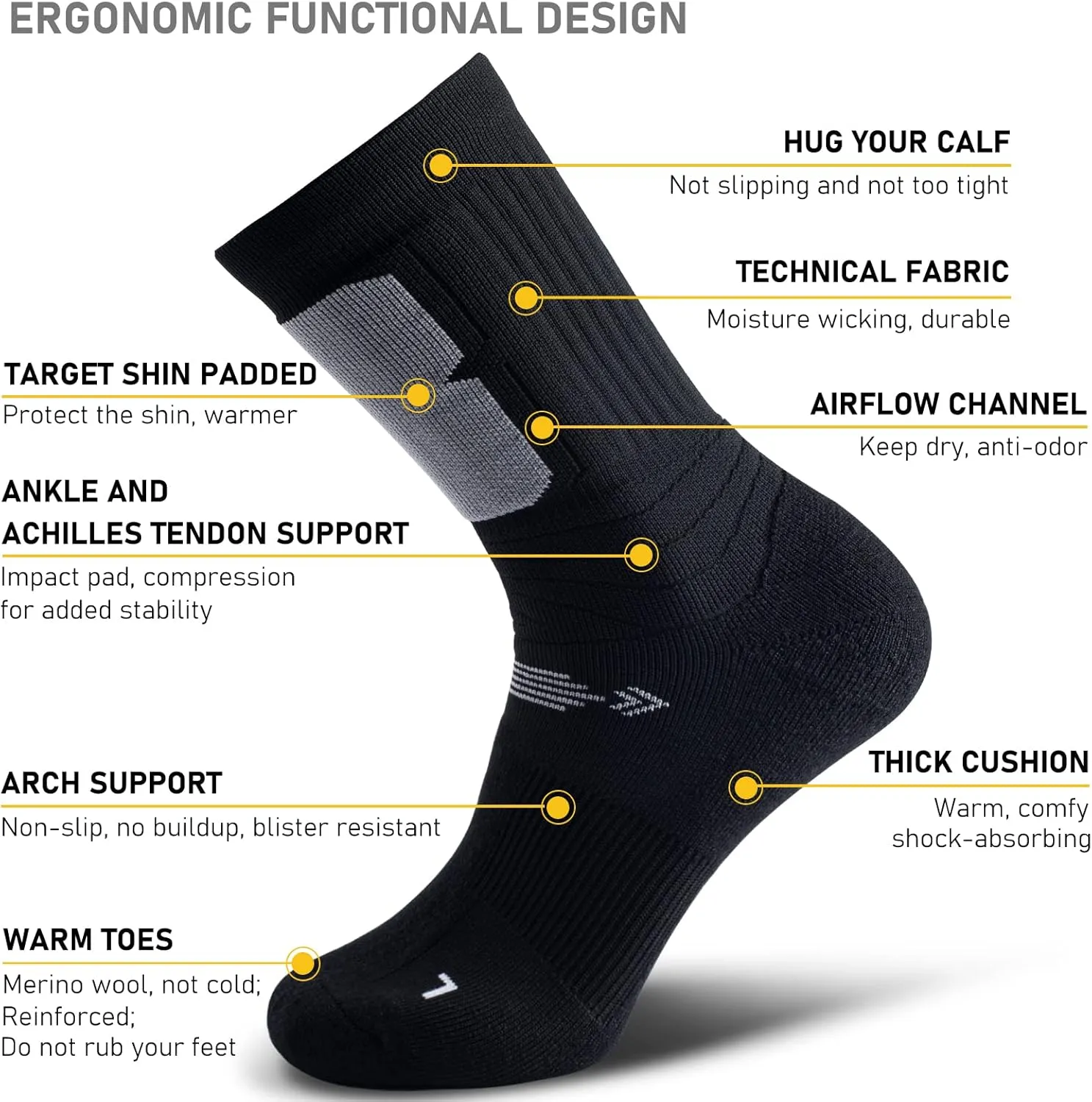 Merino Wool Hiking Walking Crew Socks 3 Pack, Cushion, Quick Dry