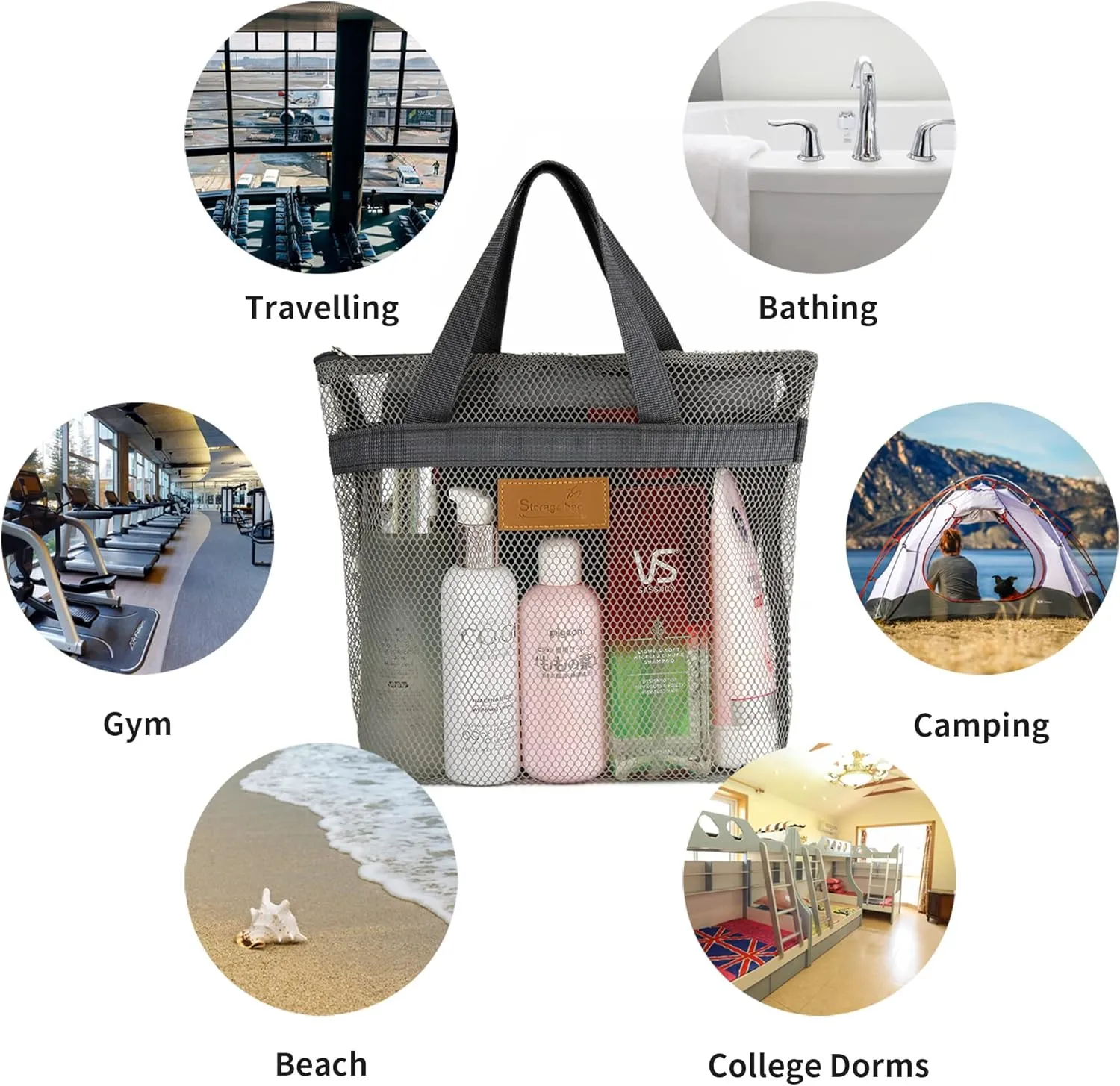 Mesh Shower Caddy Bag Portable Hanging Toiletry and Bath Organizer with Zipper for Travel, Gym, Camping, College Dorms, Beach