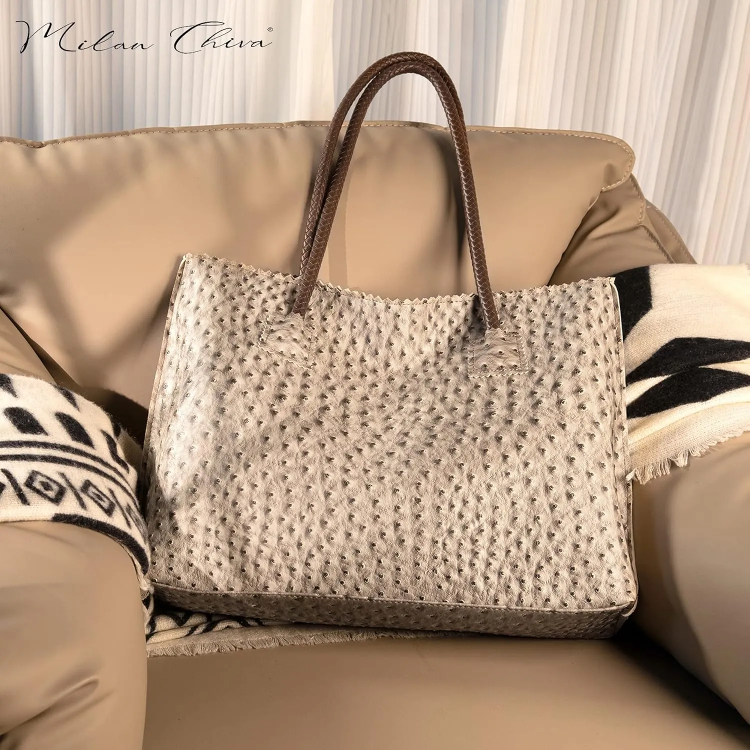 Milan Chiva Tote Bag for Women with Zipper Large Ostrich Vegan Leather Shoulder Purses and Handbags