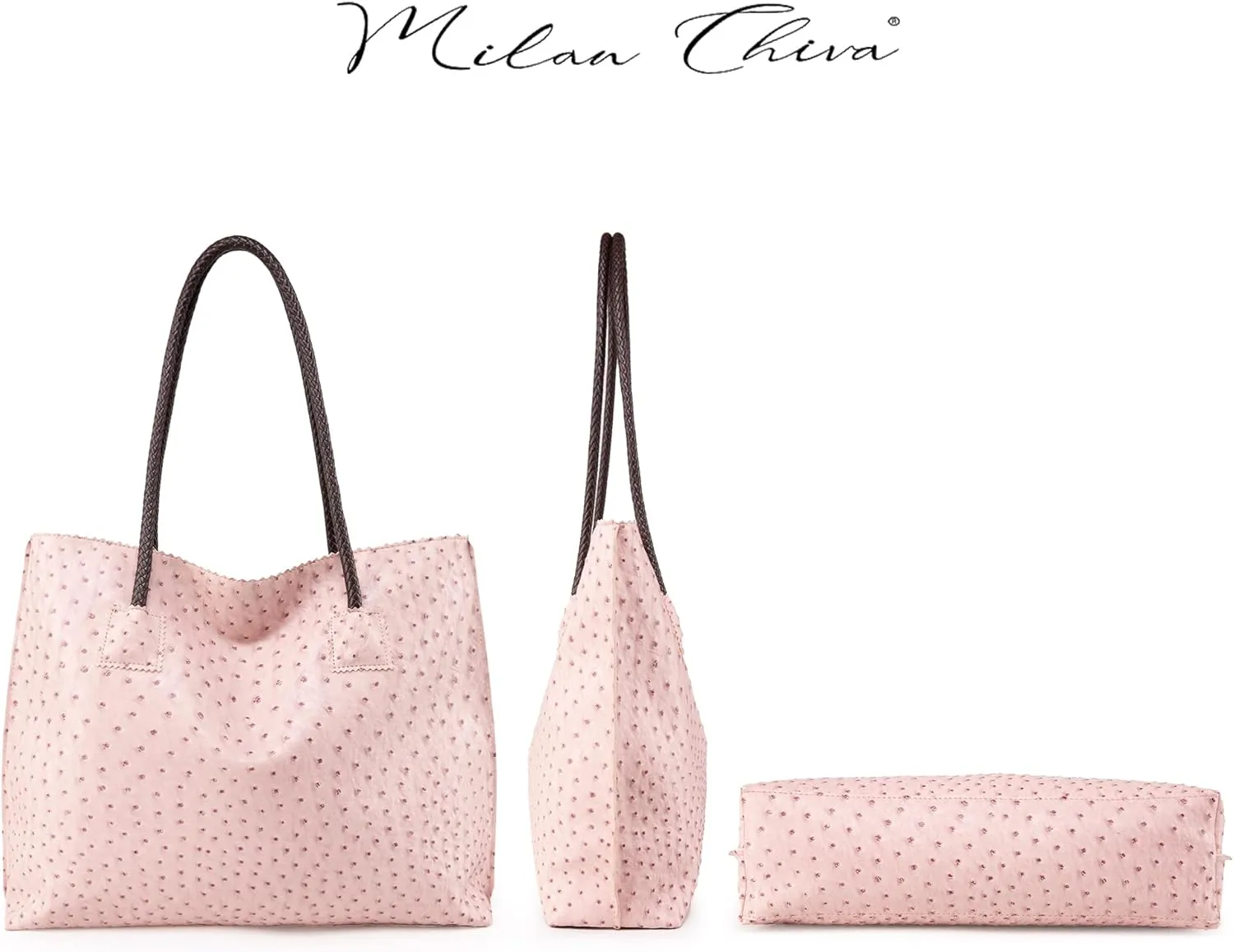 Milan Chiva Tote Bag for Women with Zipper Large Ostrich Vegan Leather Shoulder Purses and Handbags