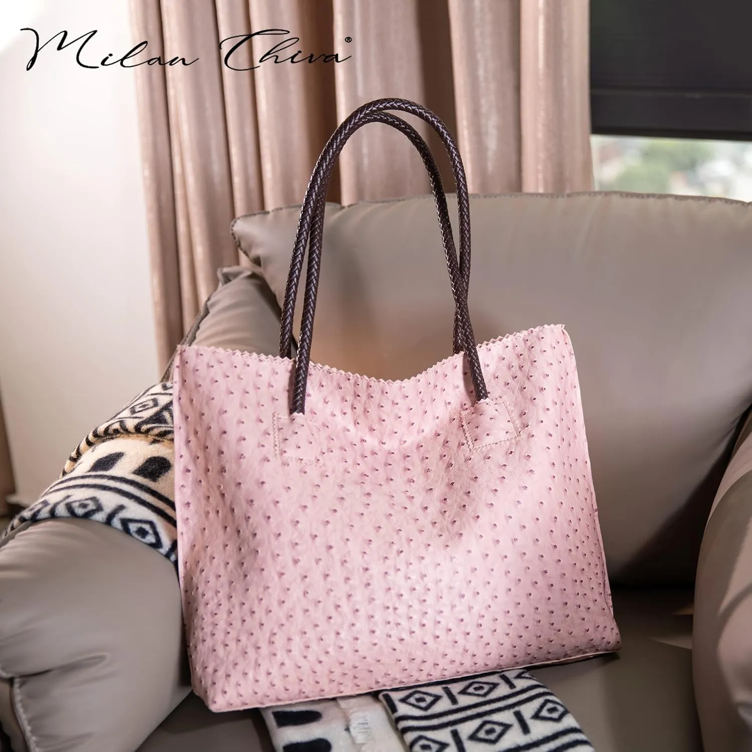 Milan Chiva Tote Bag for Women with Zipper Large Ostrich Vegan Leather Shoulder Purses and Handbags