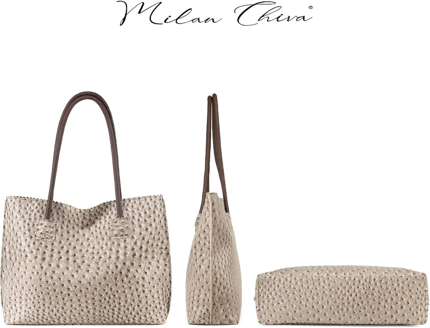 Milan Chiva Tote Bag for Women with Zipper Large Ostrich Vegan Leather Shoulder Purses and Handbags