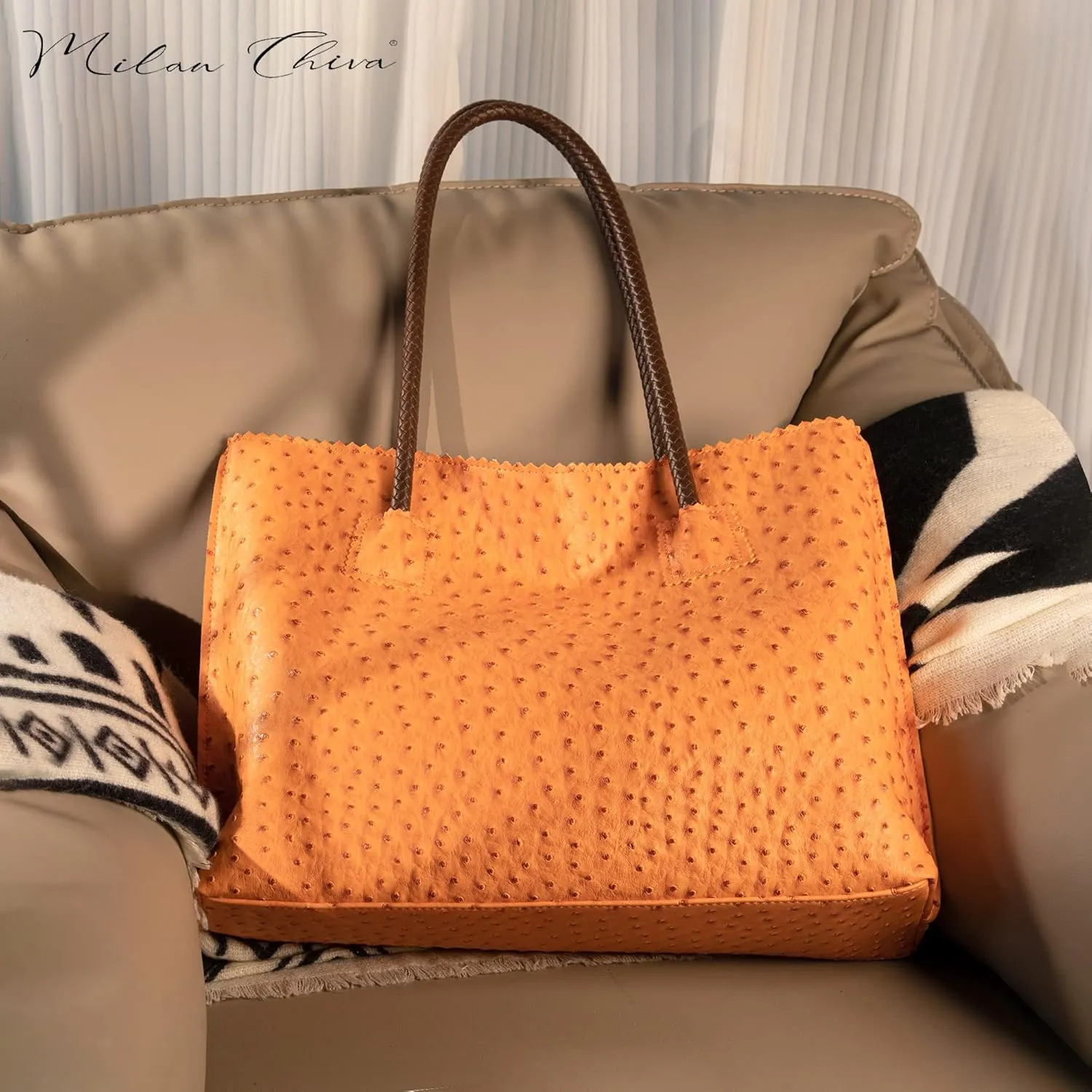 Milan Chiva Tote Bag for Women with Zipper Large Ostrich Vegan Leather Shoulder Purses and Handbags