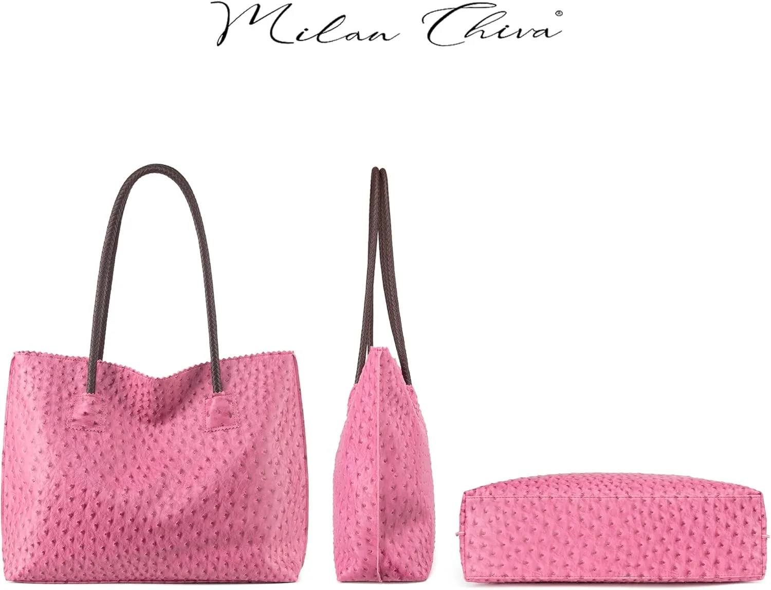 Milan Chiva Tote Bag for Women with Zipper Large Ostrich Vegan Leather Shoulder Purses and Handbags