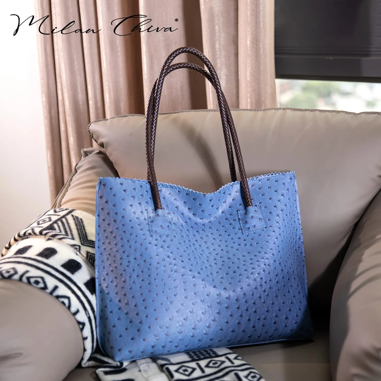 Milan Chiva Tote Bag for Women with Zipper Large Ostrich Vegan Leather Shoulder Purses and Handbags
