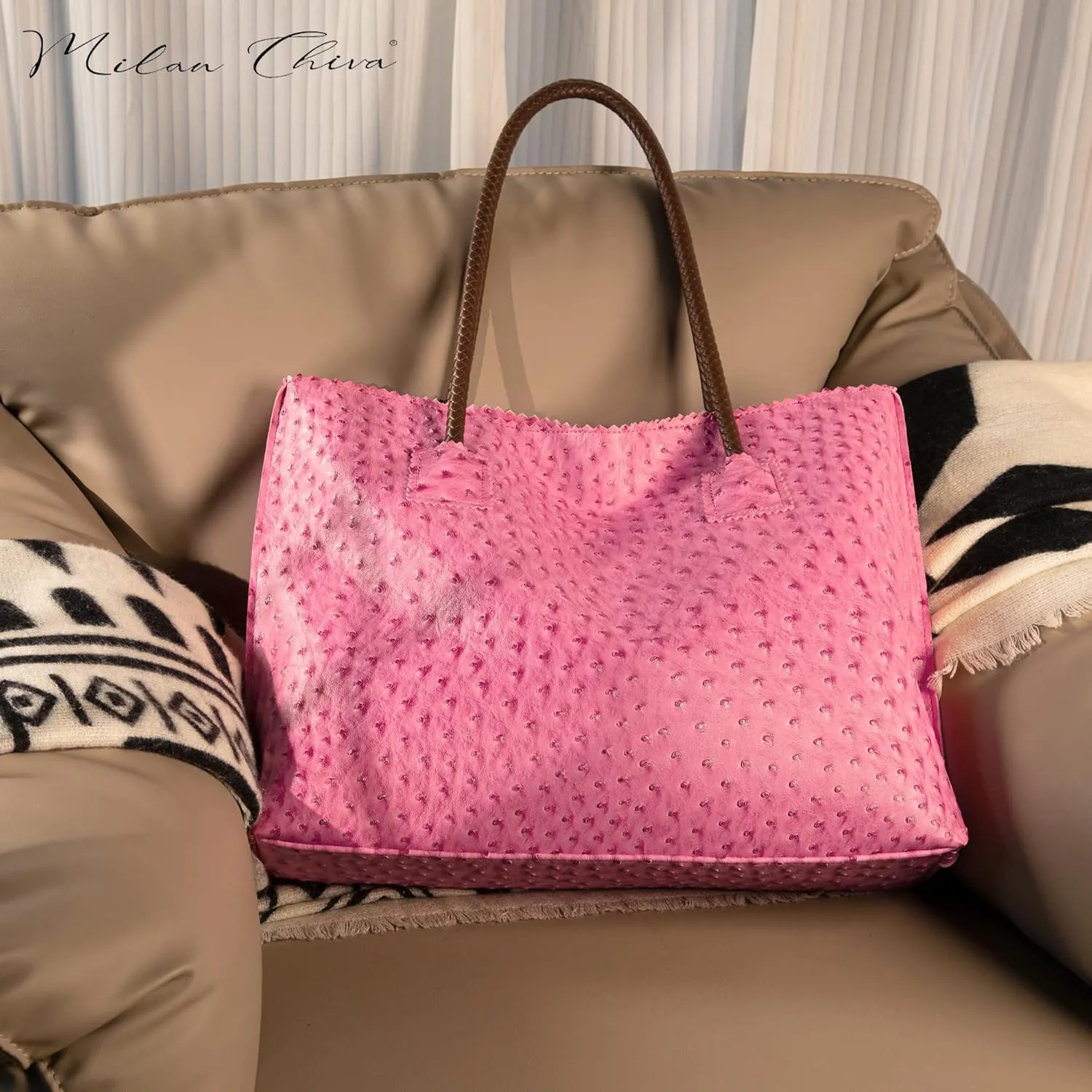 Milan Chiva Tote Bag for Women with Zipper Large Ostrich Vegan Leather Shoulder Purses and Handbags