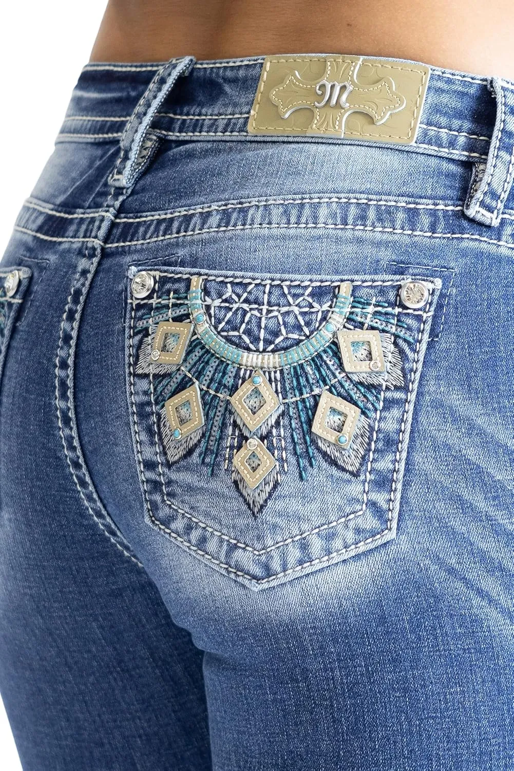 Miss Me Women's Diamond Dreamcatcher Applique Mid-Rise Bootcut Jeans