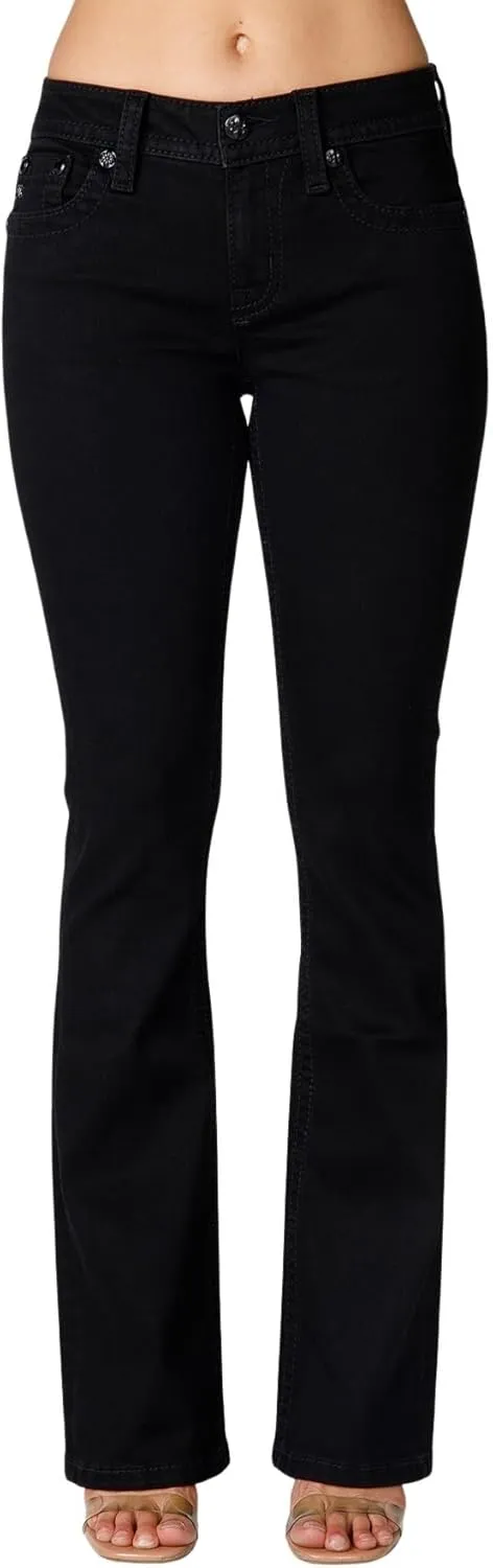Miss Me Women's Oz Angel Embellished Faux Flap Pockets Mid-Rise Bootcut Jeans