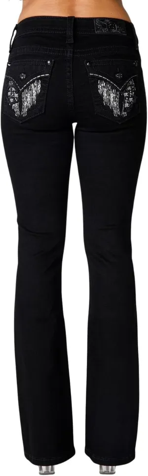 Miss Me Women's Oz Angel Embellished Faux Flap Pockets Mid-Rise Bootcut Jeans