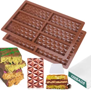 Mity rain Chocolate Bar Mold - Deep Chocolate Bar Pistachio, Knafeh Pistachio Chocolate Bar Thick Silicone Tray, Diamond Candy Mould with 100PCS Clear Cellophane Bags & Chocolate Scraper