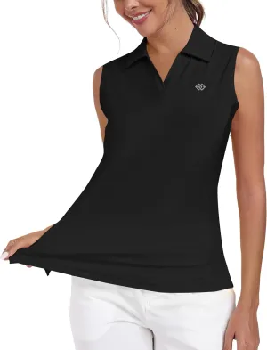 MoFiz Women Racerback Sleeveless Golf Polo Shirts V-Neck Collarless Tennis Running Tank Tops Quick Dry Athletic Casual