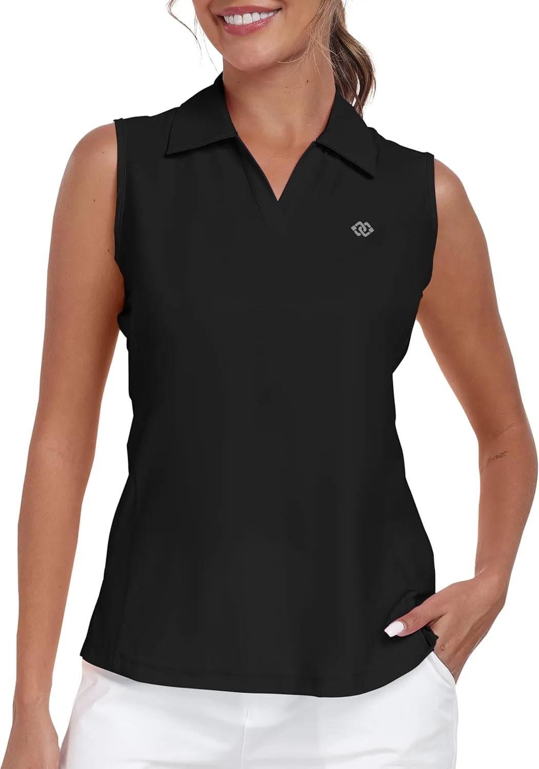 MoFiz Women Racerback Sleeveless Golf Polo Shirts V-Neck Collarless Tennis Running Tank Tops Quick Dry Athletic Casual