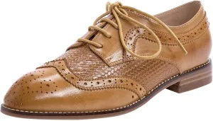 Mona flying Leather Flat Oxfords for Women Lace up Brogue Wingtips for Ladies