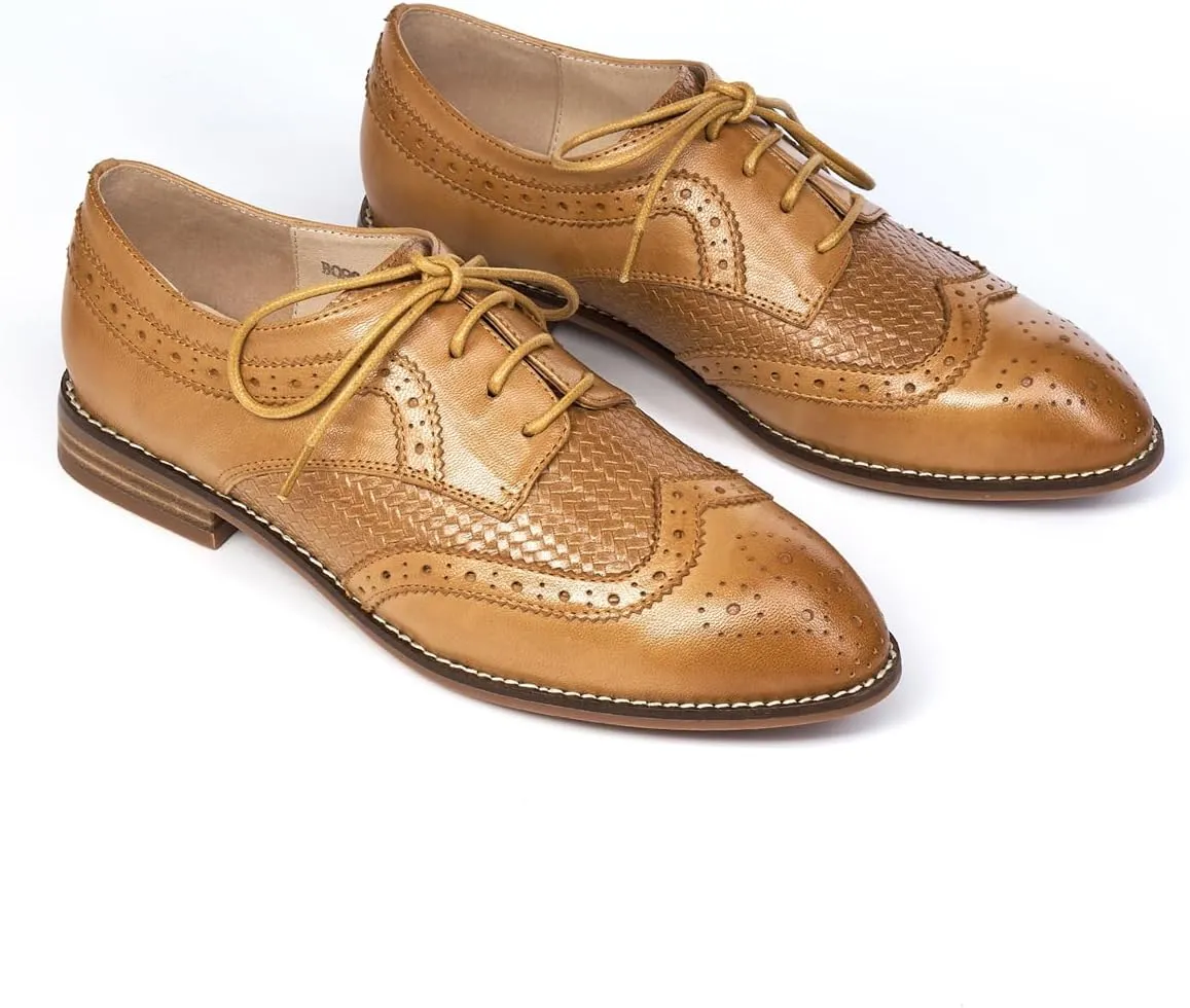 Mona flying Leather Flat Oxfords for Women Lace up Brogue Wingtips for Ladies