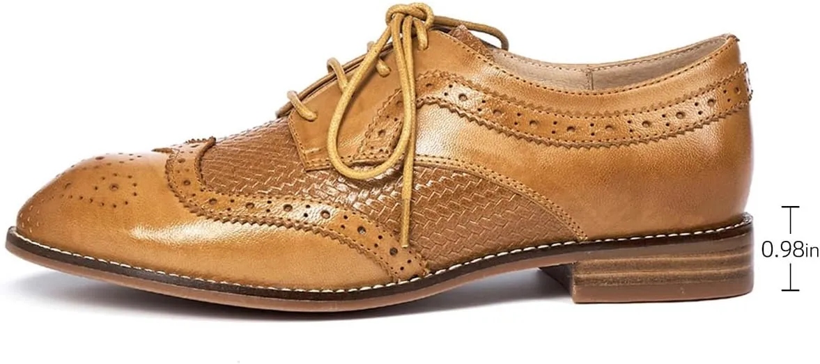 Mona flying Leather Flat Oxfords for Women Lace up Brogue Wingtips for Ladies