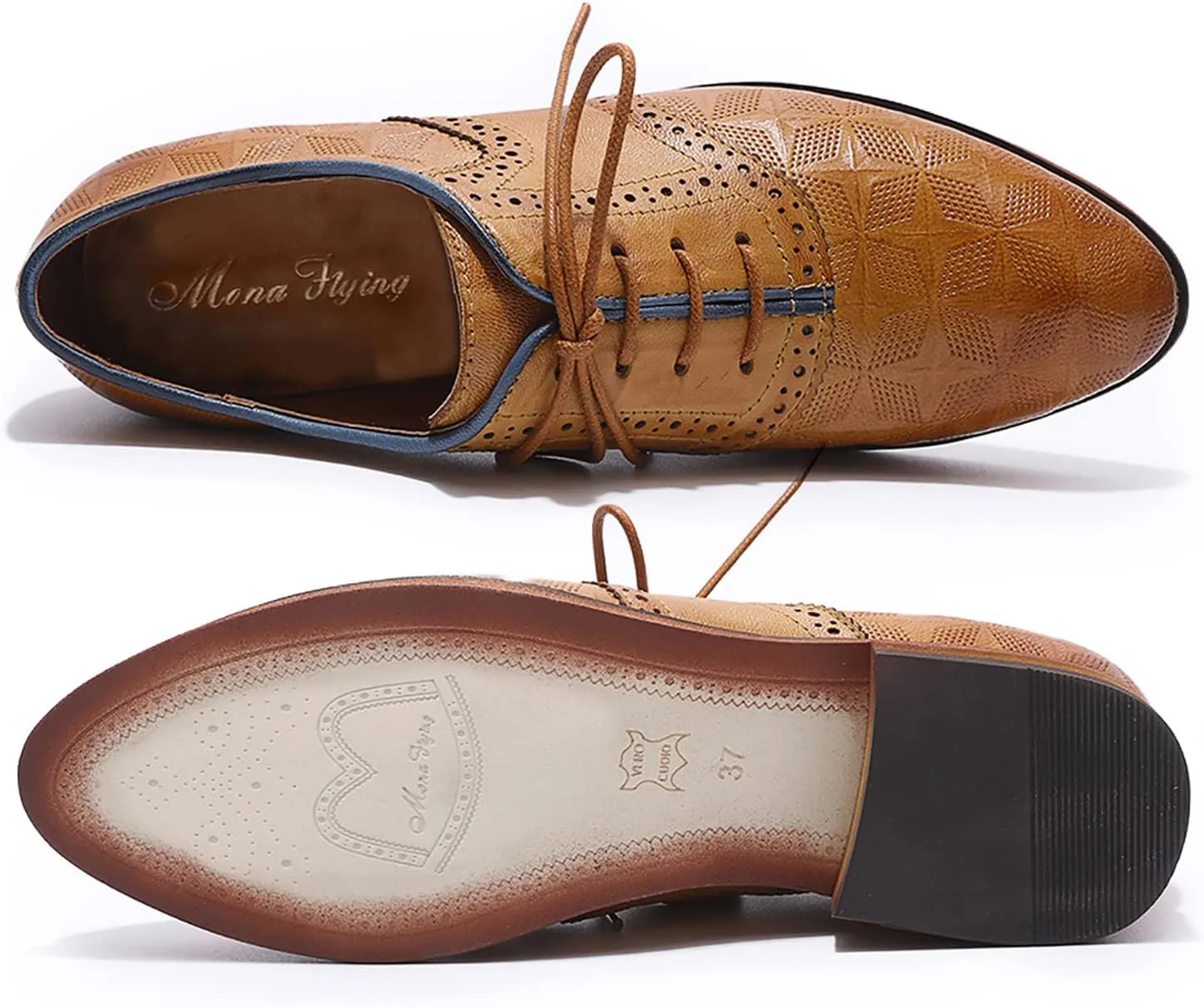 Mona flying Women's Comfortable Saddle Oxfords Brogue Lace-up Leather Shoes for Ladies