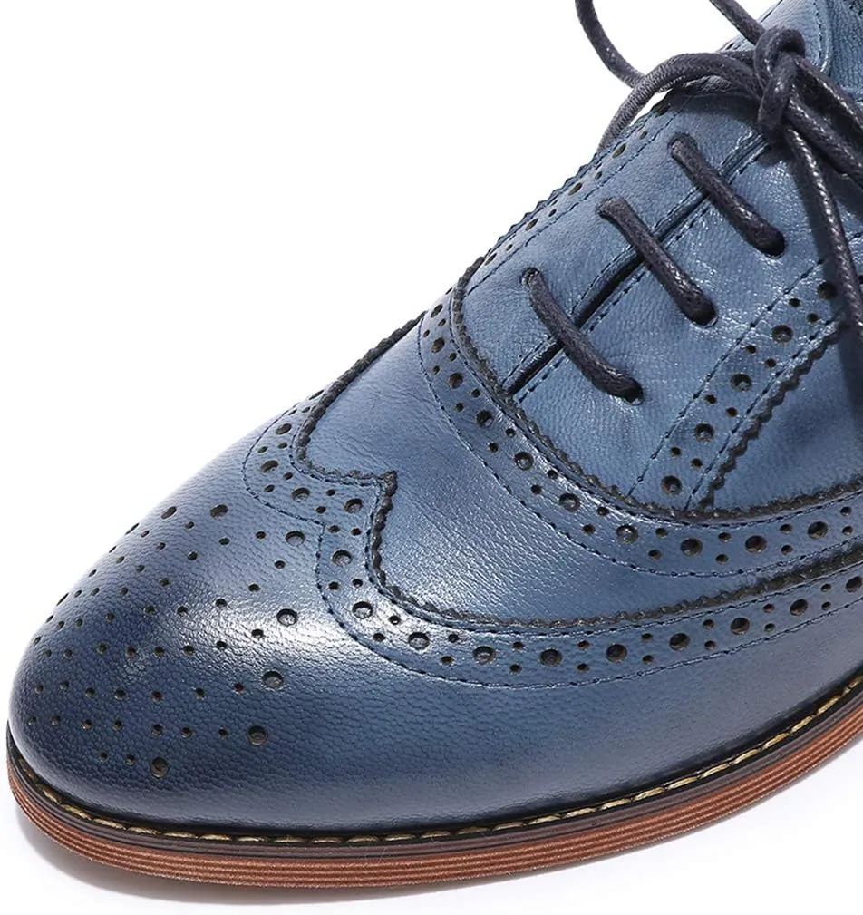Mona flying Women's Comfortable Wingtip Oxfords Brogue Saddle Lace-up Leather Shoes for Ladies