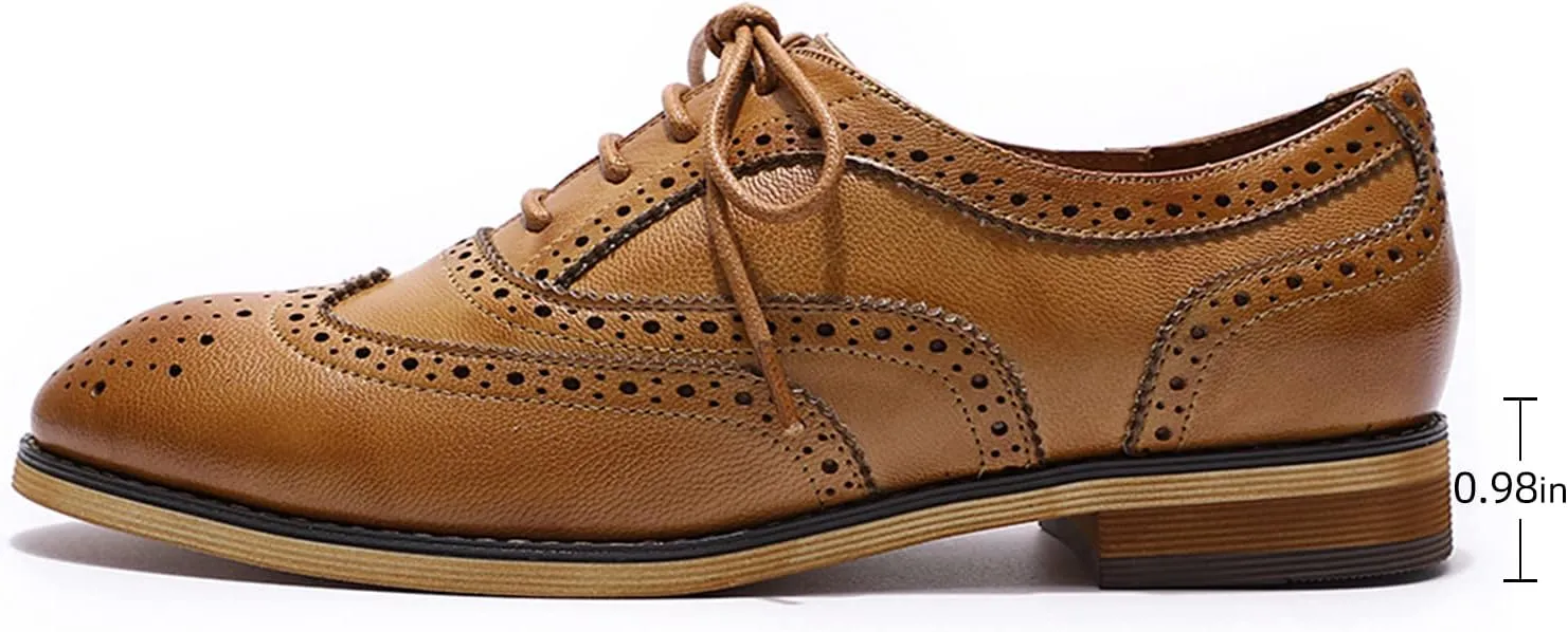 Mona flying Women's Comfortable Wingtip Oxfords Brogue Saddle Lace-up Leather Shoes for Ladies