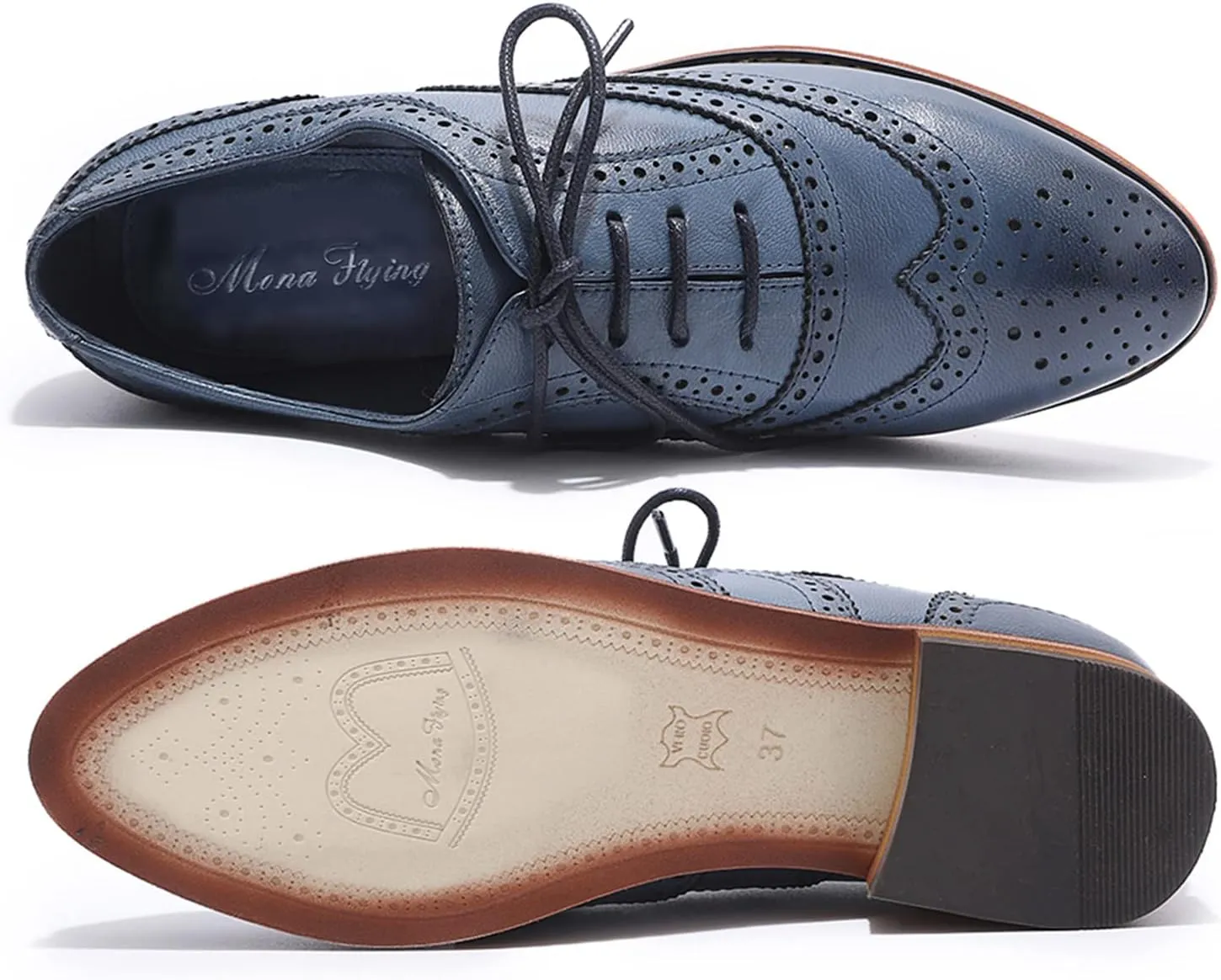 Mona flying Women's Comfortable Wingtip Oxfords Brogue Saddle Lace-up Leather Shoes for Ladies