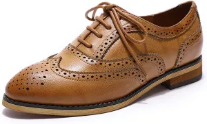 Mona flying Women's Comfortable Wingtip Oxfords Brogue Saddle Lace-up Leather Shoes for Ladies