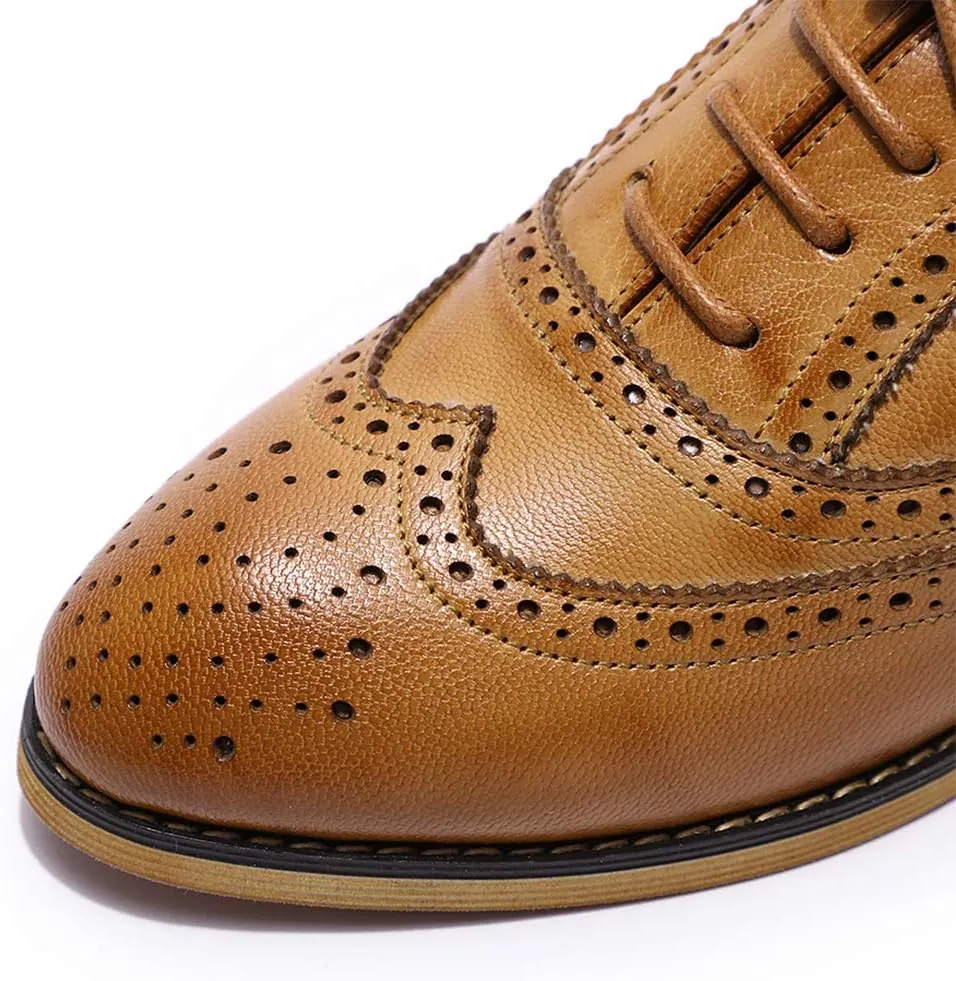 Mona flying Women's Comfortable Wingtip Oxfords Brogue Saddle Lace-up Leather Shoes for Ladies