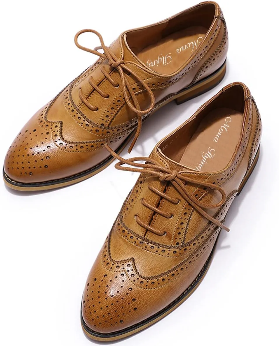 Mona flying Women's Comfortable Wingtip Oxfords Brogue Saddle Lace-up Leather Shoes for Ladies