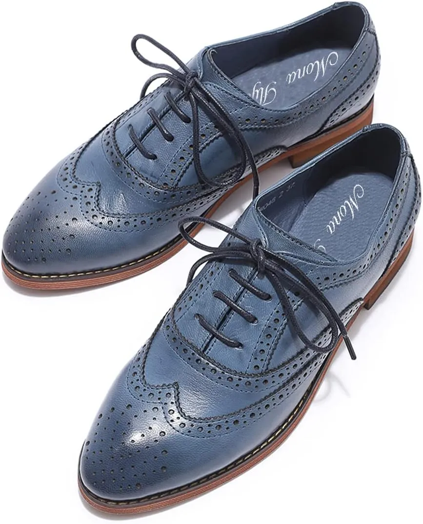 Mona flying Women's Comfortable Wingtip Oxfords Brogue Saddle Lace-up Leather Shoes for Ladies