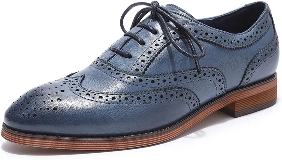Mona flying Women's Comfortable Wingtip Oxfords Brogue Saddle Lace-up Leather Shoes for Ladies