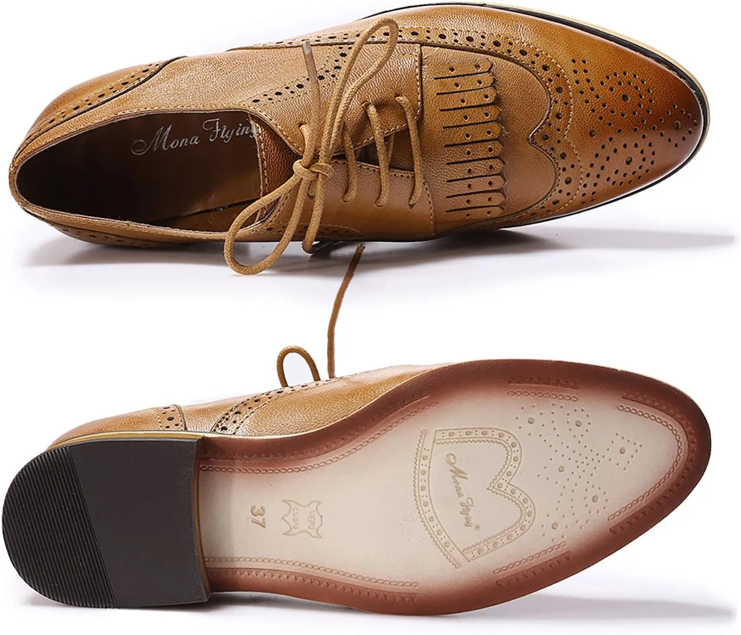 Mona flying Women's Handcrafted Wingtip Oxfords Brogue Vintage Lace up Leather Shoes for Ladies