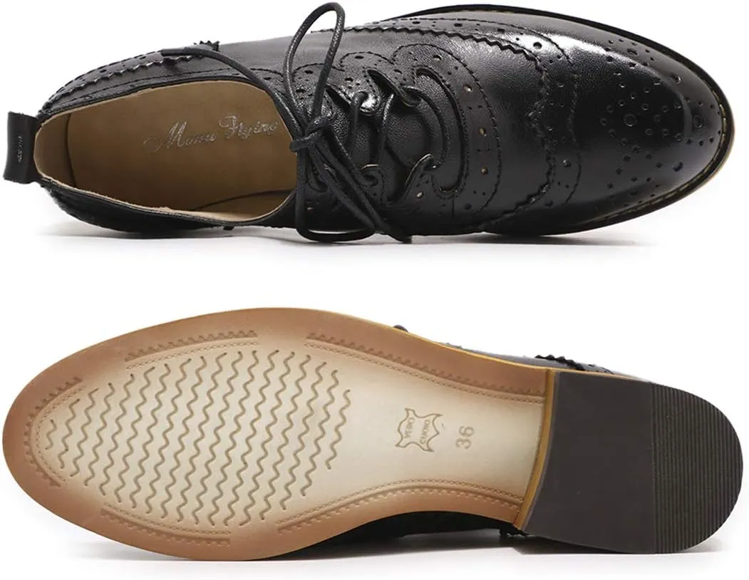 Mona flying Women's Handmade Wingtip Oxfords Comfy Lace up Brogue Leather Shoes for Ladies