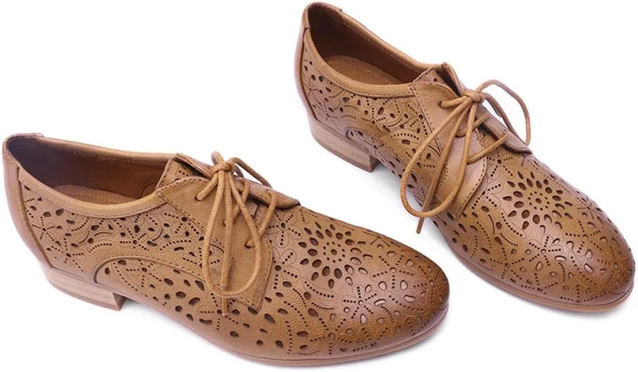 Mona flying Women's Leather Perforated Lace-up Oxfords Brogue Derby Shoes for Ladies