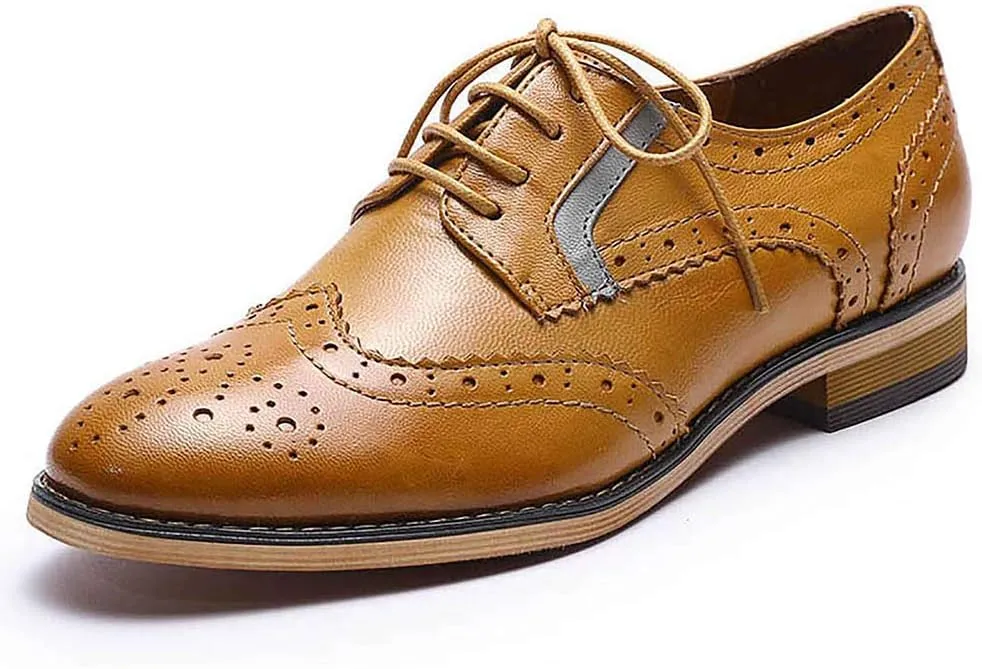Mona flying Women's Leather Perforated Lace-up Oxfords Brogue Wingtip Derby Shoes for ladis Women