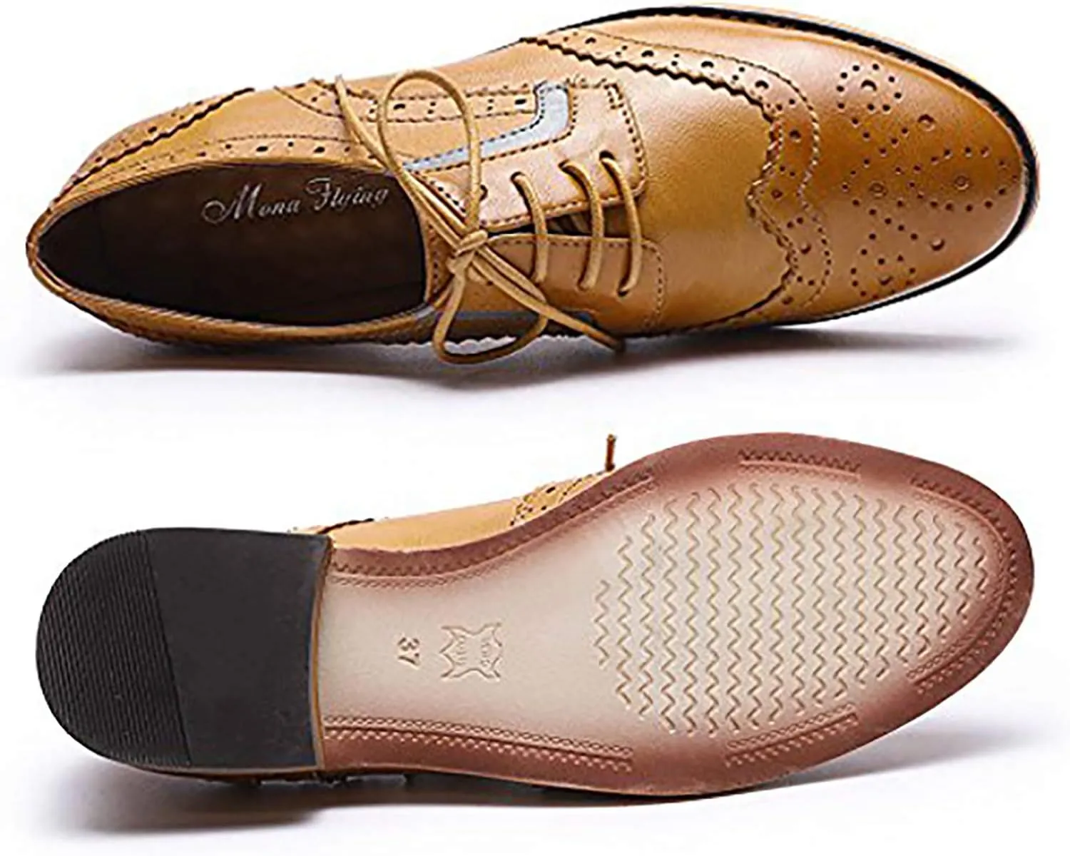 Mona flying Women's Leather Perforated Lace-up Oxfords Brogue Wingtip Derby Shoes for ladis Women