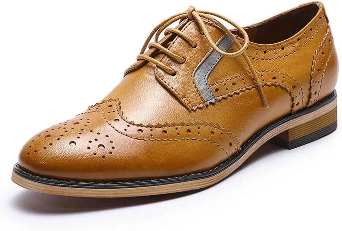 Mona flying Women's Leather Perforated Lace-up Oxfords Brogue Wingtip Derby Shoes for ladis Women