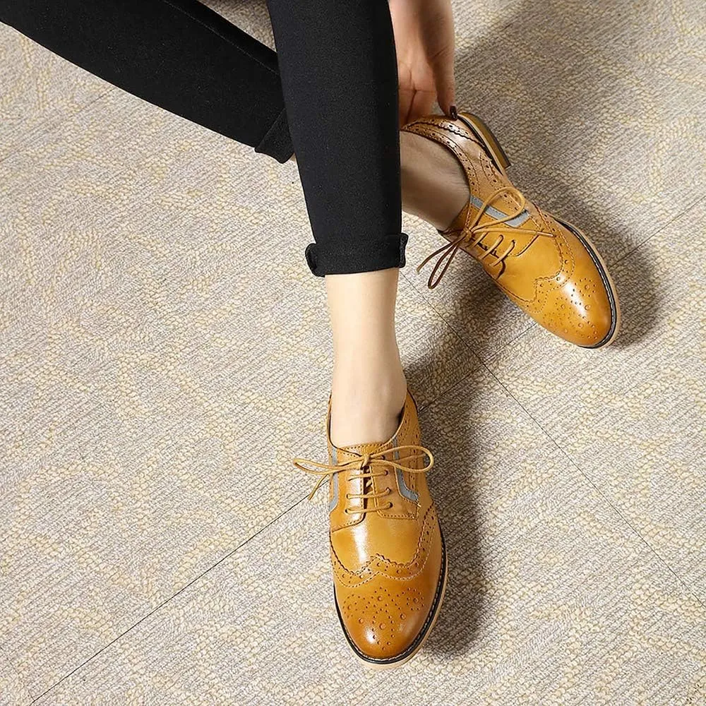 Mona flying Women's Leather Perforated Lace-up Oxfords Brogue Wingtip Derby Shoes for ladis Women