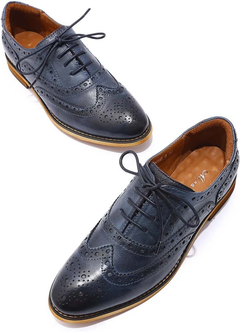 Mona flying Women's Leather Perforated Lace-up Oxfords Brogue Wingtip Shoes for Ladies Women