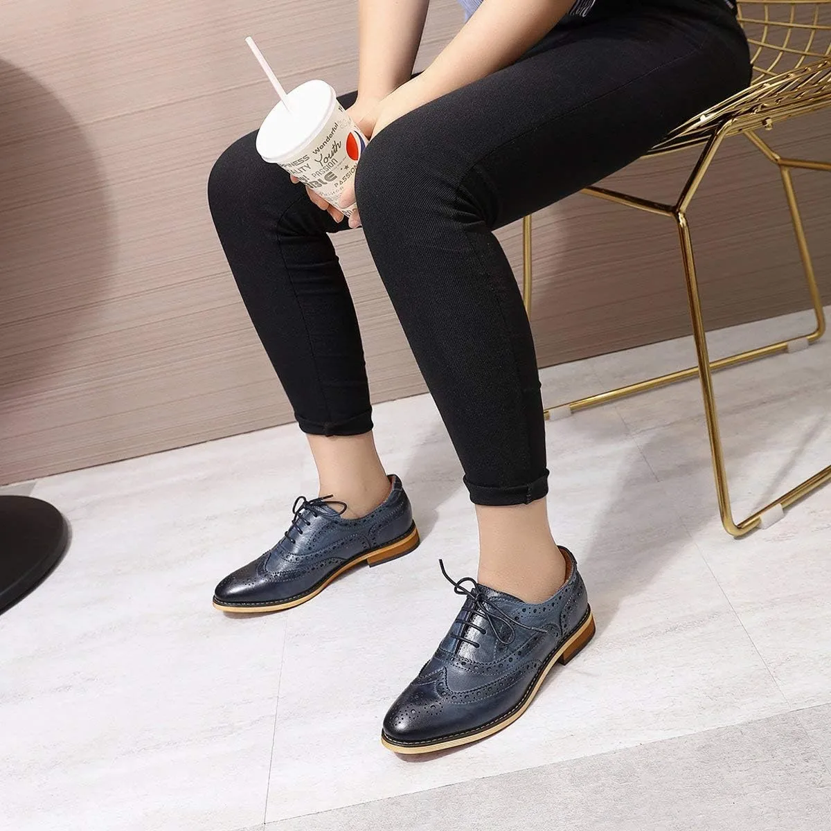 Mona flying Women's Leather Perforated Lace-up Oxfords Brogue Wingtip Shoes for Ladies Women