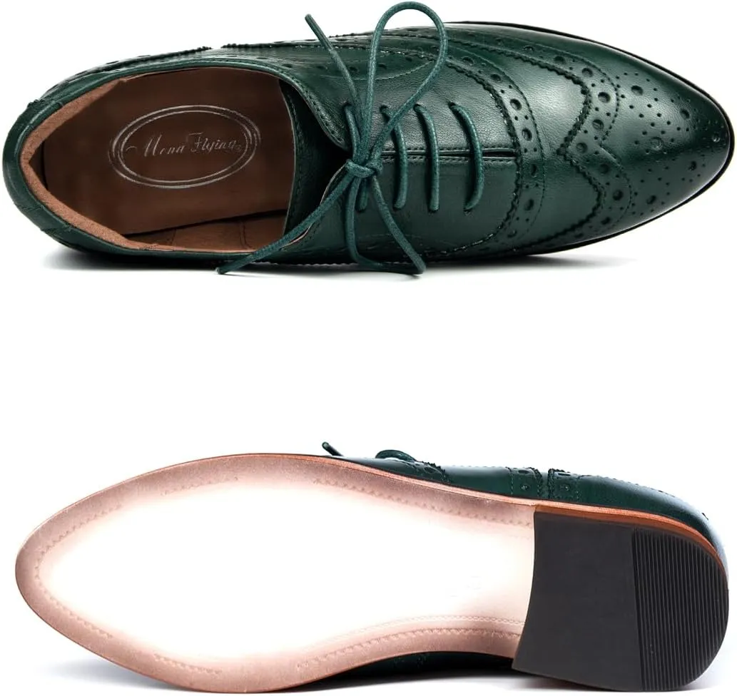 Mona flying Women's Leather Perforated Lace-up Oxfords Brogue Wingtip Shoes for Ladies Women