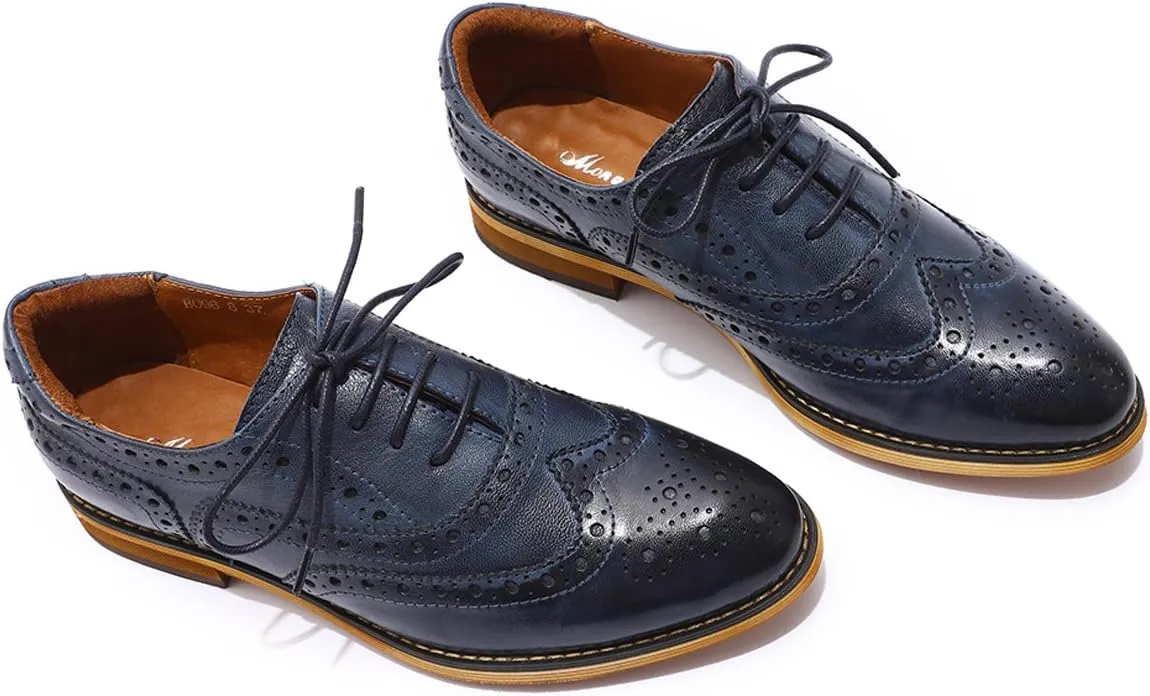 Mona flying Women's Leather Perforated Lace-up Oxfords Brogue Wingtip Shoes for Ladies Women