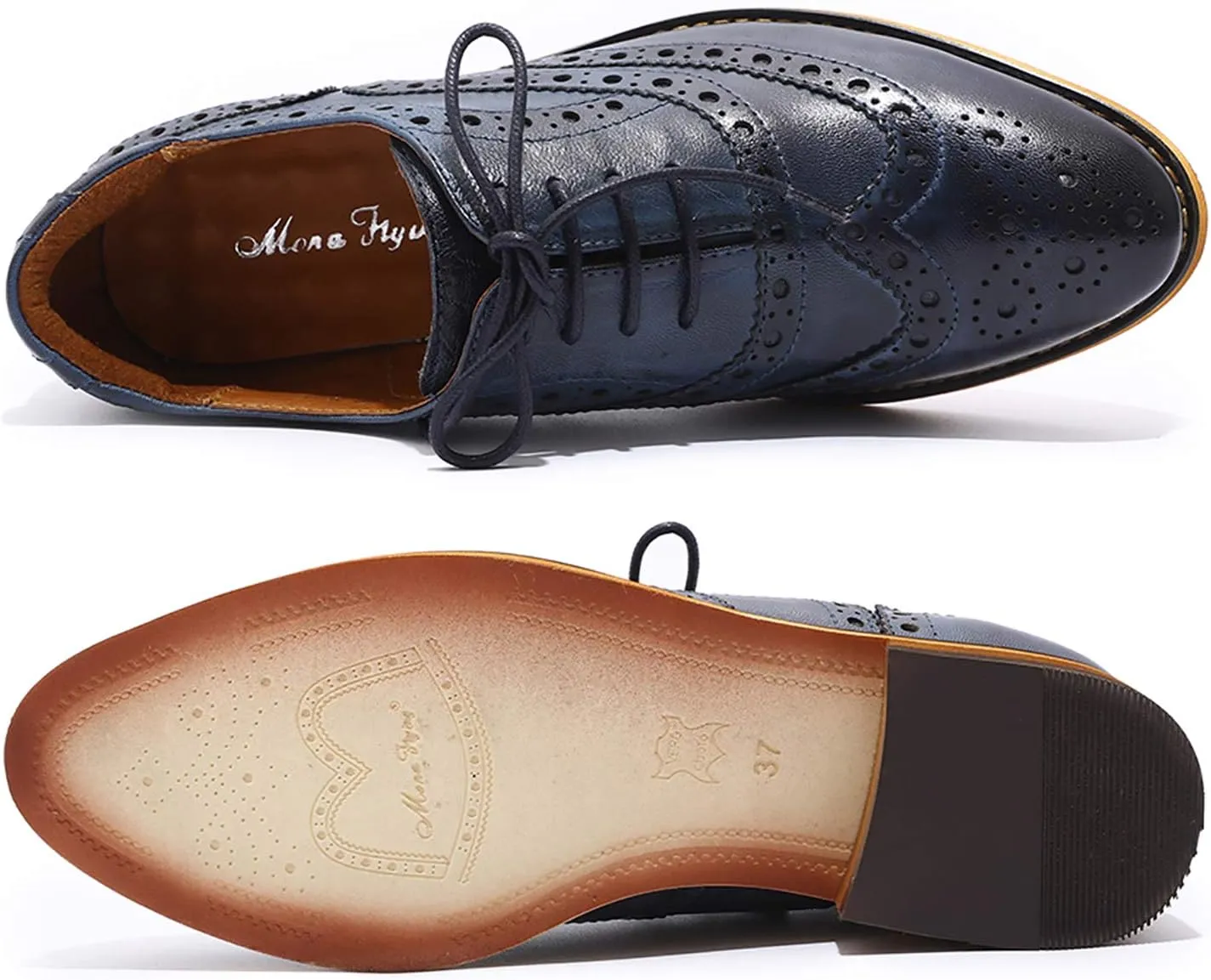 Mona flying Women's Leather Perforated Lace-up Oxfords Brogue Wingtip Shoes for Ladies Women